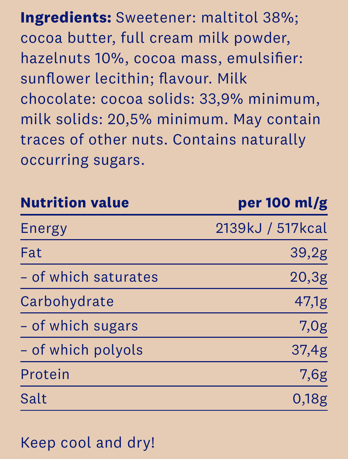 <tc>HealthyCo</tc> chocolat aux noisettes 100 grammes - sans sucre ajouté et sans huile de palme