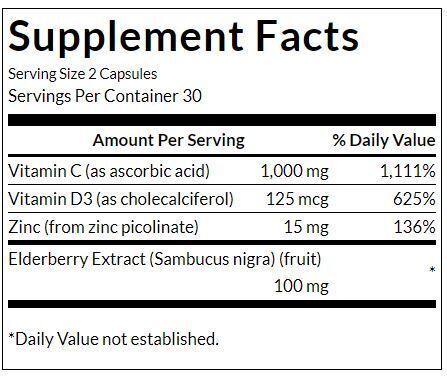 Défense immunitaire ultime à haute puissance avec C, D, zinc et sureau - 60 capsules