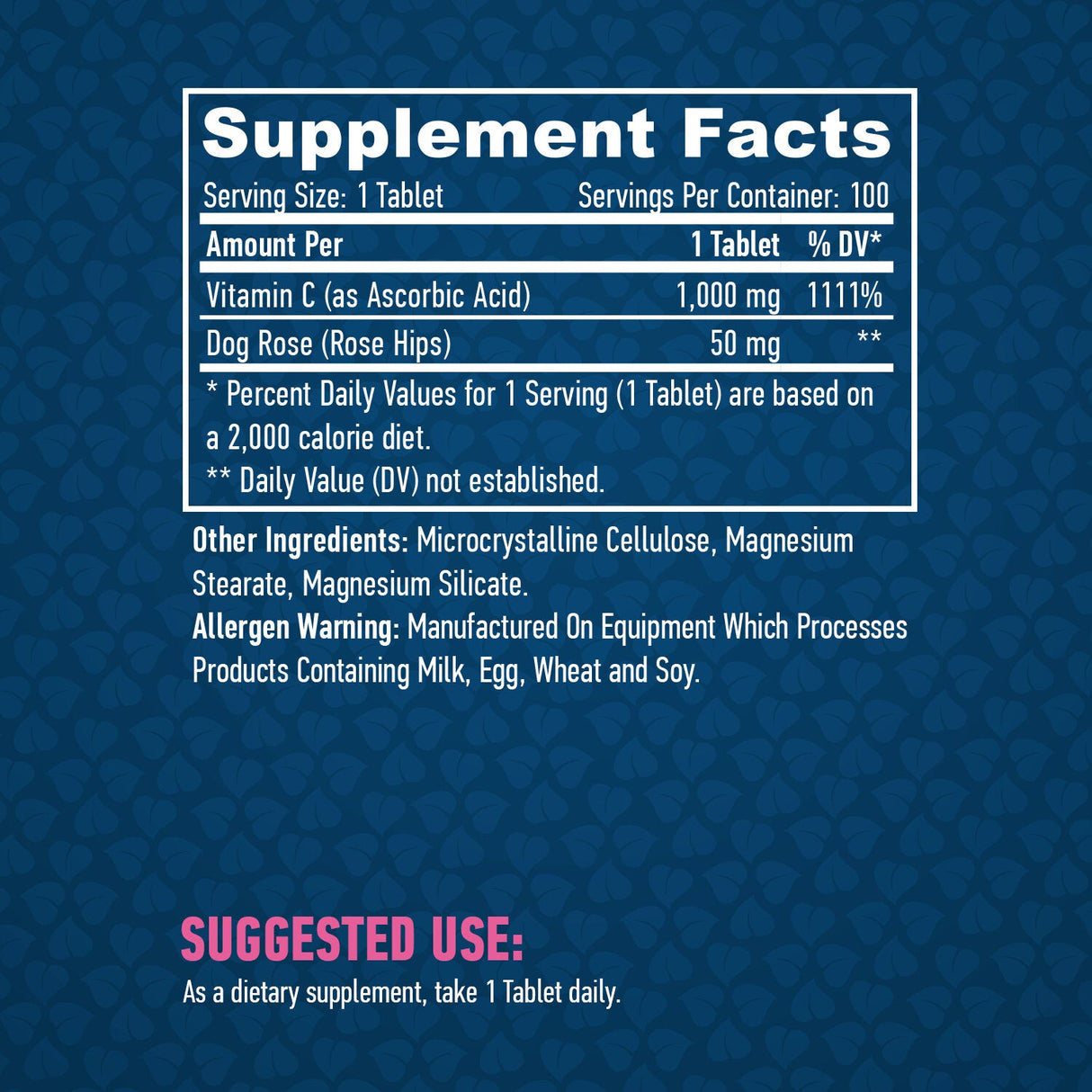 Vitamine C de 1 000 mg à haute puissance avec onglets Rose Hans 100.