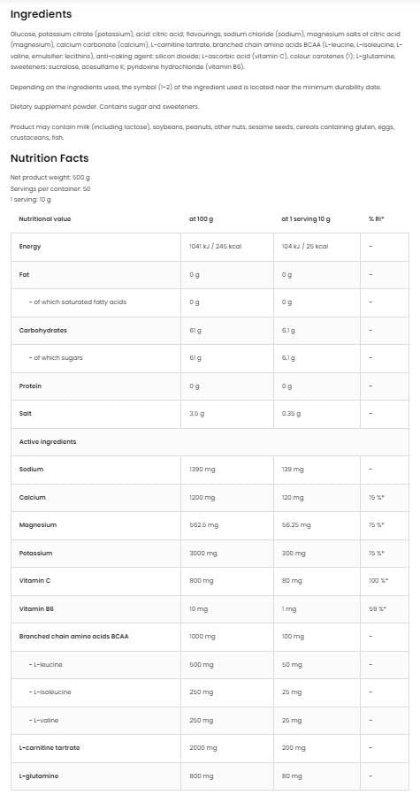 Poudre isotonique + BCAA, L-carnitine, L-glutamine - 500 grammes