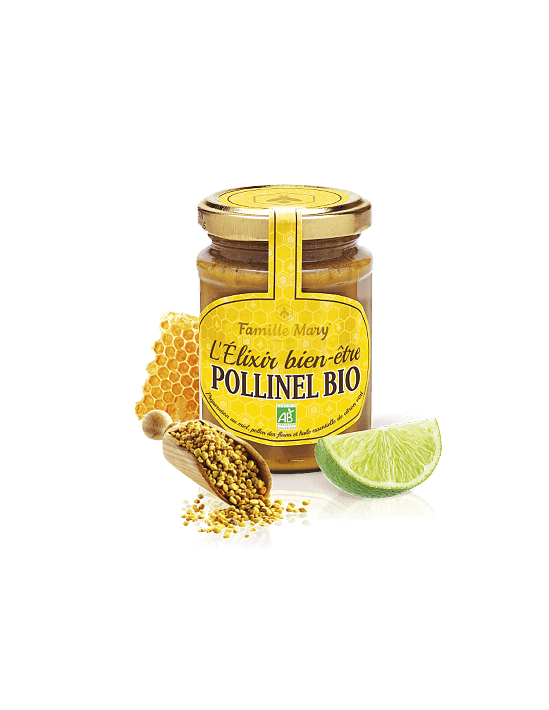 L'Elixir bien-soi-soil Pollinenel Bio/Honey floral biologique avec pollen d'abeille et huile de lime essentielle, 230 G Famille Mary