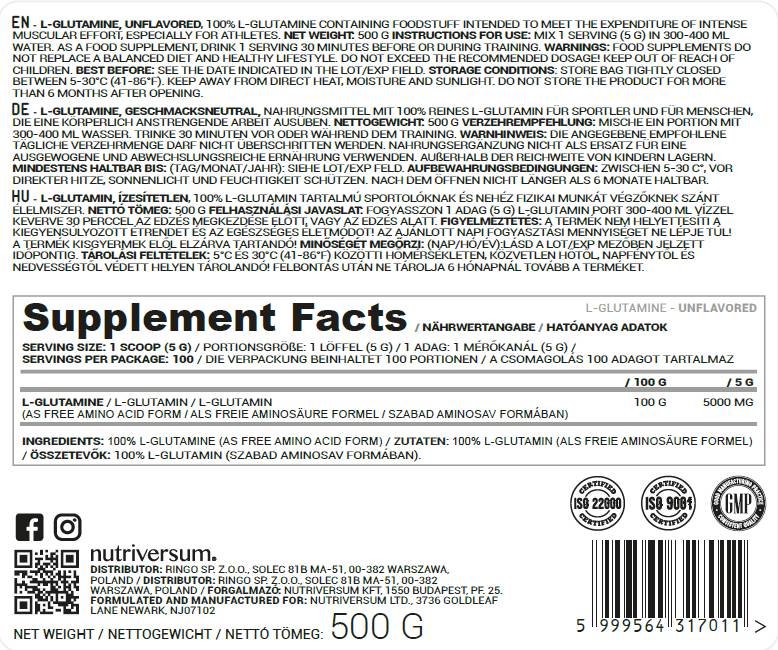 Poudre de L-glutamine - 500 grammes