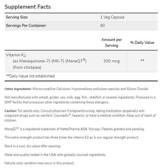MK-7 Vitamine K-2 300 MCG | Extra Strength Menaq7® - 60 capsules