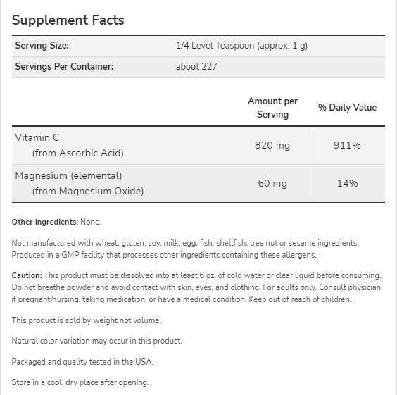 Magnésium Ascorbate Powder | Vitamine C pure et tamponnée - 227 grammes
