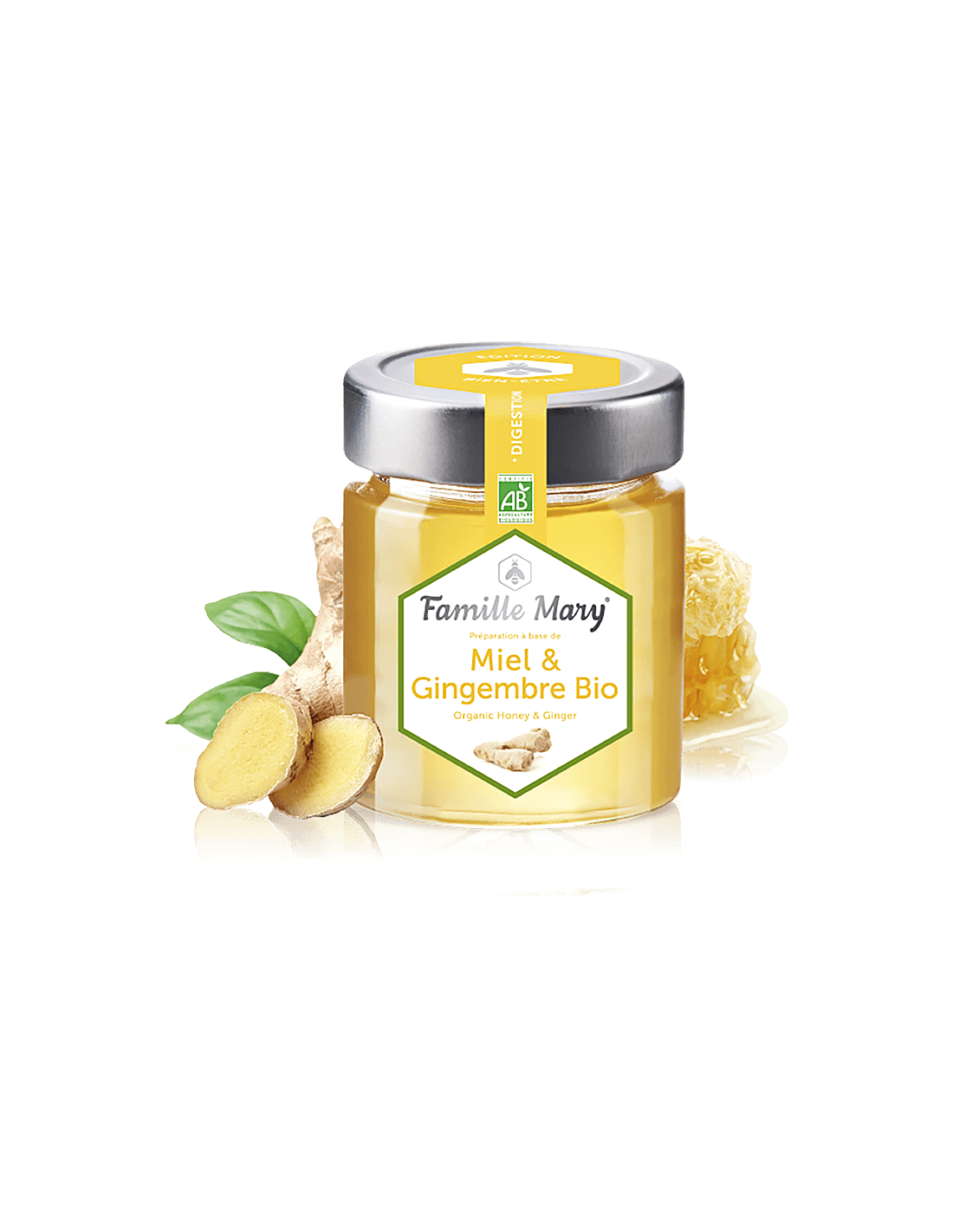Miel et Gingembre Bio/Bio Acacia Honey + Ginger (pour une bonne digestion), 170g Famille Mary