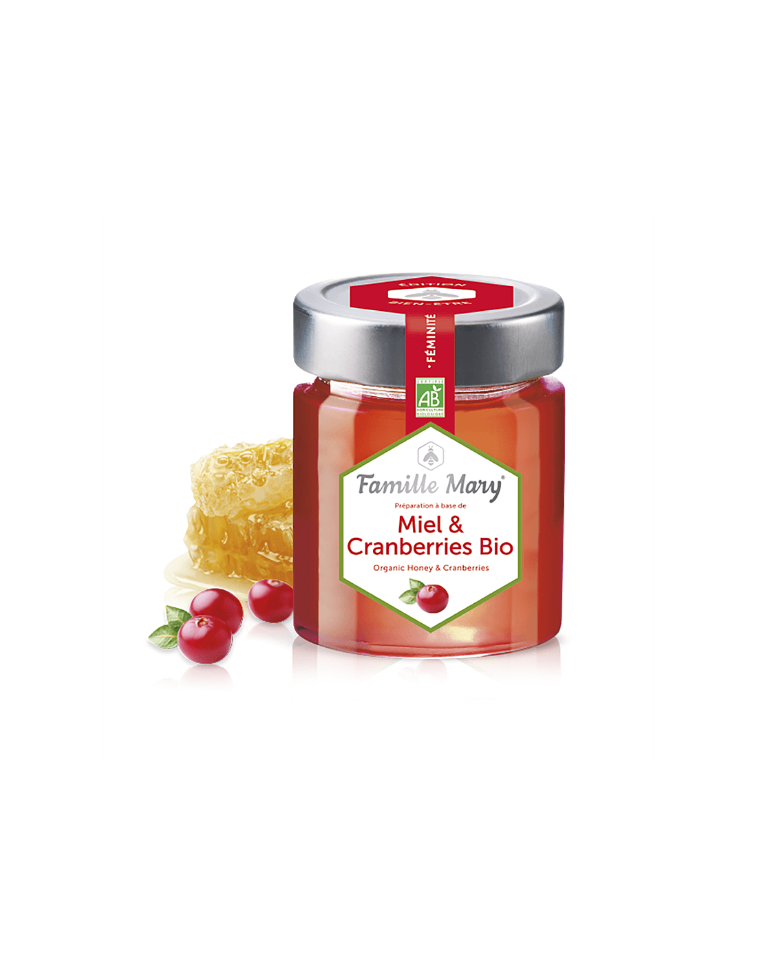 Miel et Cranberries Bio/Bio Acacia Honey + Cranberries, 170 G Famille Mary