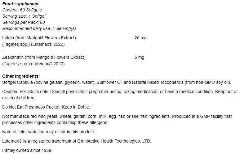 Lutein & Zeaxanthin - 60 capsules de gel