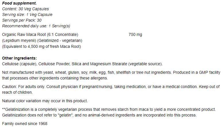 Maca brute 6: 1 Concentré 750 mg - 30 capsules