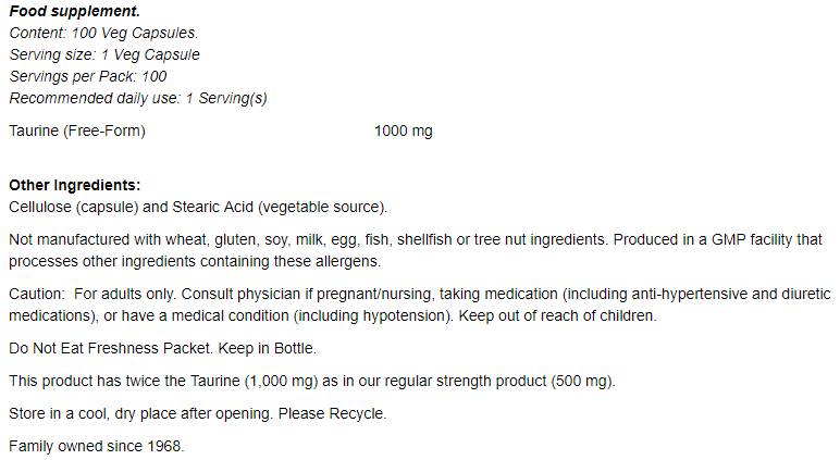 Taurine 1000 mg/double résistance - 250 capsules