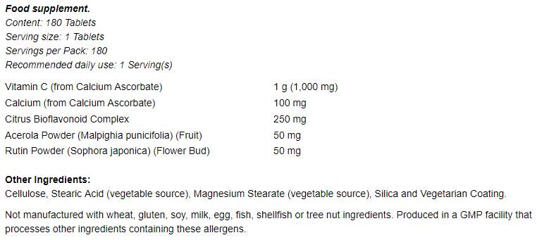Complexe de vitamine C-1000 - tamponné avec 250 mg de bioflavonoïdes - 180 comprimés