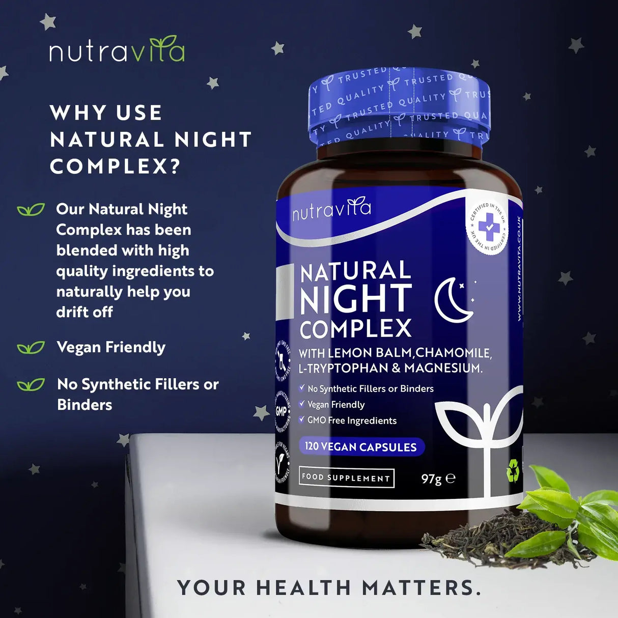 Complexe naturel pour le sommeil nocturne 120 capsules végétales. <tc>Nutravita</tc>