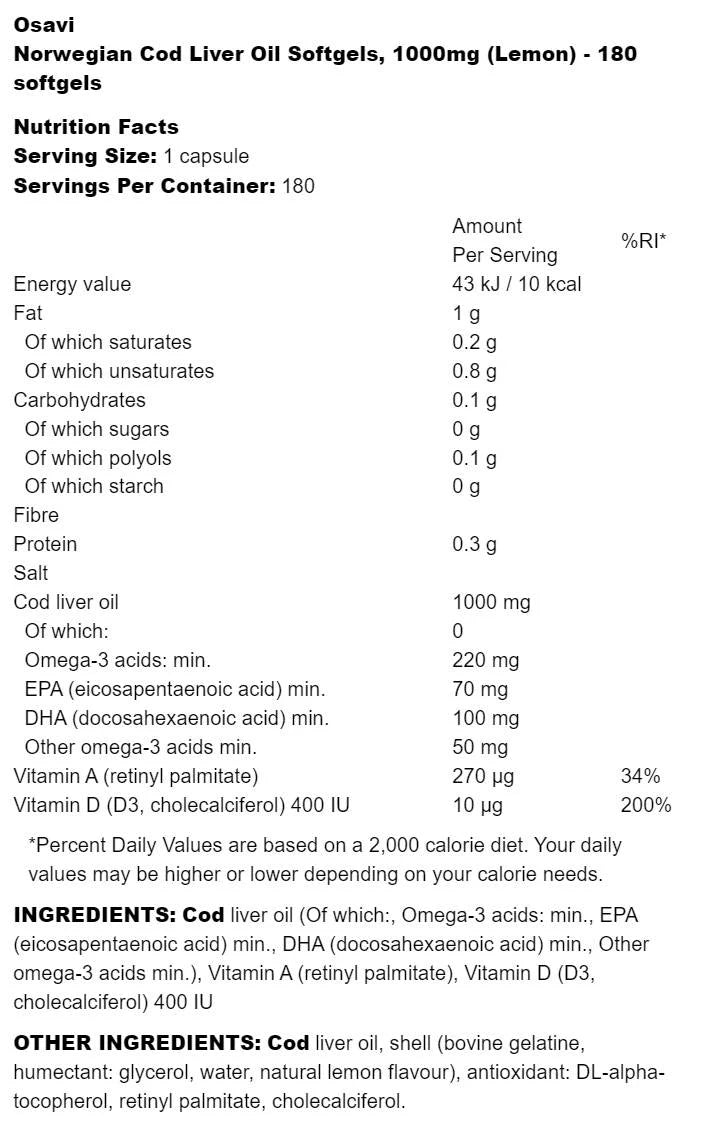 Huile de foie de morue norvégienne 1000 mg | Capsules de gel à armature au citron - 180