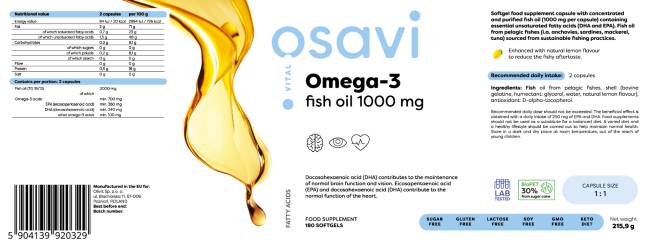 Omega 3 huile de poisson 1000 mg/saveur de citron - 180 capsules de gel