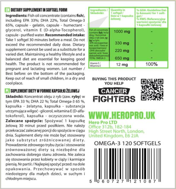 Huile de poisson oméga-3 | 65% EPA + DHA - 120 capsules de gel