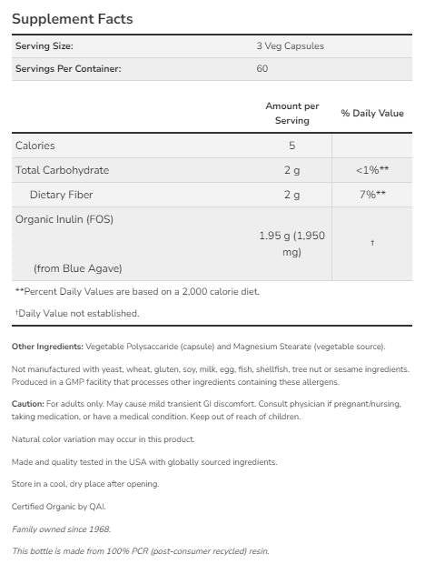 Fiber inuline prébiotique FOS - 180 capsules