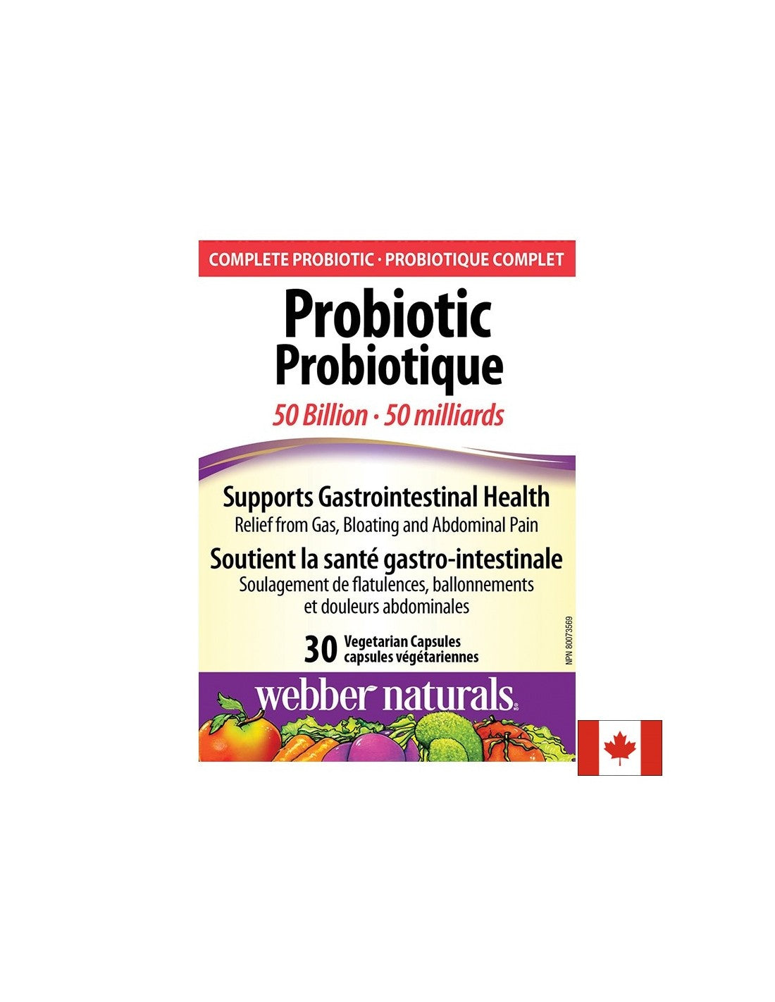 Probiotique 50 milliards - Probiotique 50 milliards de probiotiques actifs, 10 souches, 30 capsules <tc>Webber Naturals</tc>