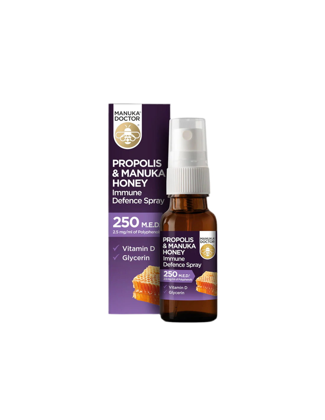 Propolis & Manuka Honey Spray immunitaire de défense 250 Med/Gorge Spray avec propolis (250 MED), Honey Manuka et vitamine D3, 20 ml