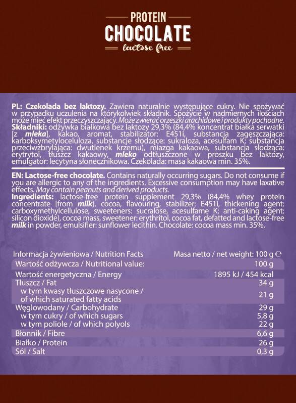 Chocolat protéiné | Sans lactose - 100 grammes