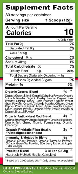 Verts éprouvés et rouges/poudre de superaliment nutriments élevés 360 grammes