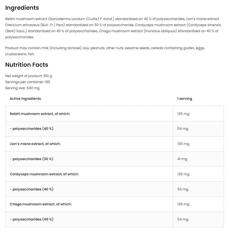 Poudre de mélange de champignons Quatro | Mane de Lion ~ reishi ~ Cordyceps ~ Chaga 100 grammes