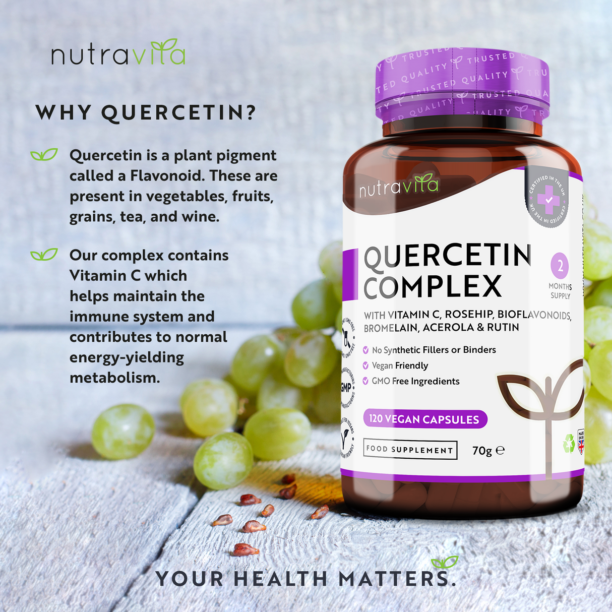 Complexe de quercétine avec bromélaïne 120 capsules végétariennes. <tc>Nutravita</tc>