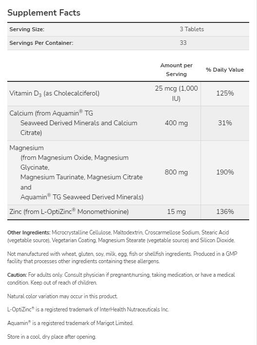 Magnésium et calcium | avec vitamine D3 et L-Optizinc - 250 comprimés