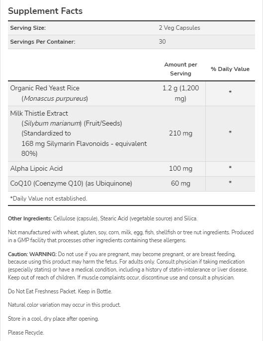 Riz à levure rouge 600 mg avec COQ10 30 mg - 60 capsules