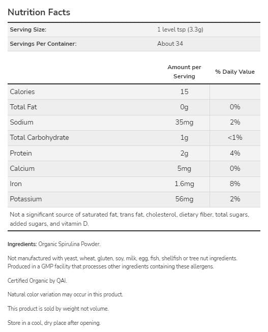 Spirulina Powder | Certifié biologique - 113 grammes