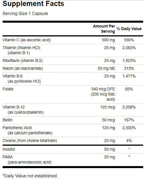 Complexe de vitamine B super stress avec de la vitamine C - 100 capsules