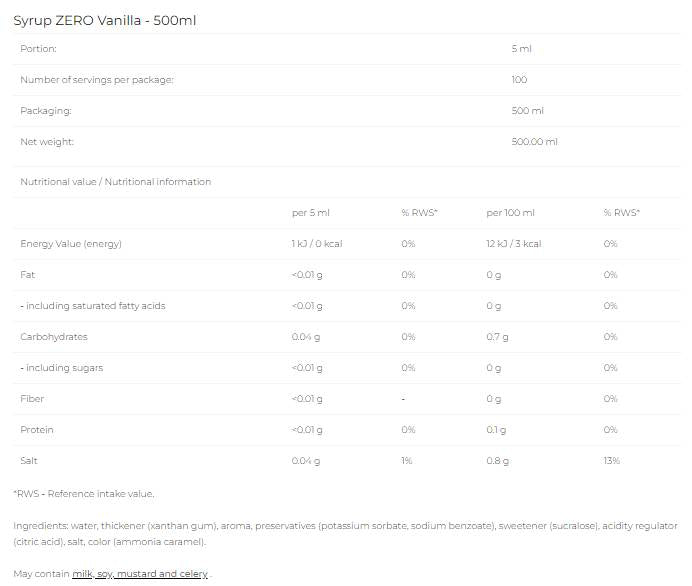 Sirop Zero - Vanille - 500 ml