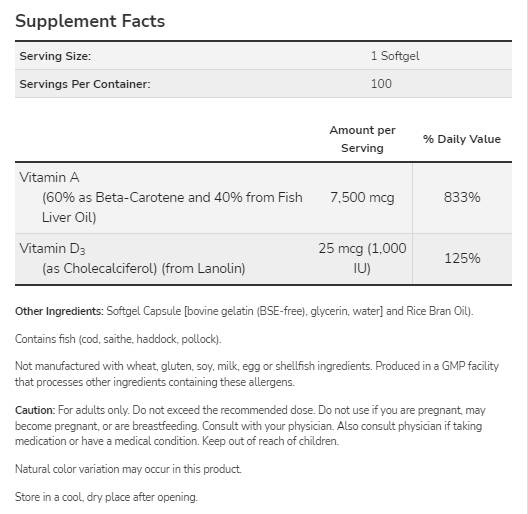 Ultra A & D-3 | Vitamine A 25 000 et vitamine D 1000 UI - 100 capsules de gel