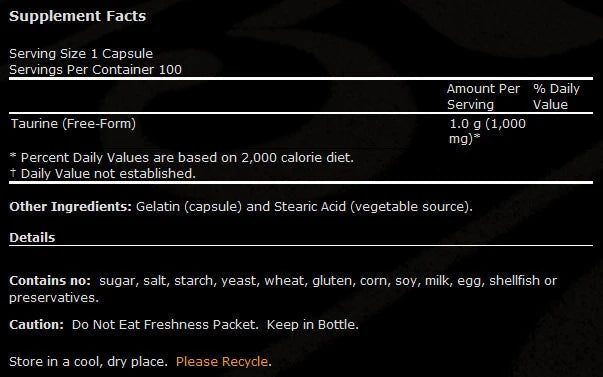 Taurine 1000 mg/double résistance - 100 capsules