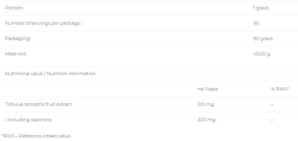 Tribulus terrestris 210 mg - 90 capsules
