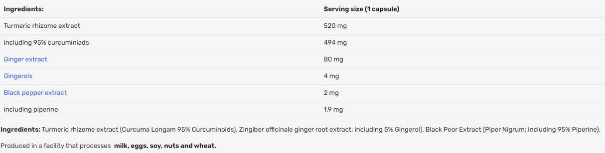 Curcuma avec racine de gingembre | avec 95% de curcuminoïdes et 5% de gingerols - 60 capsules