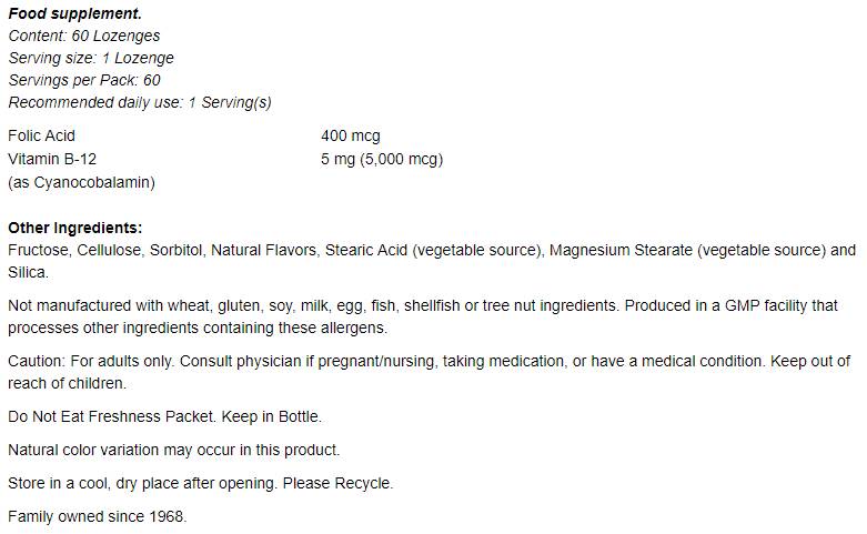 Vitamine B-12 5000 mcg avec de l'acide folique - 60 comprimés sublinguaux