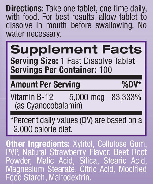Vitamine B-12 5000mcg Dissolve rapide/100 tabs.