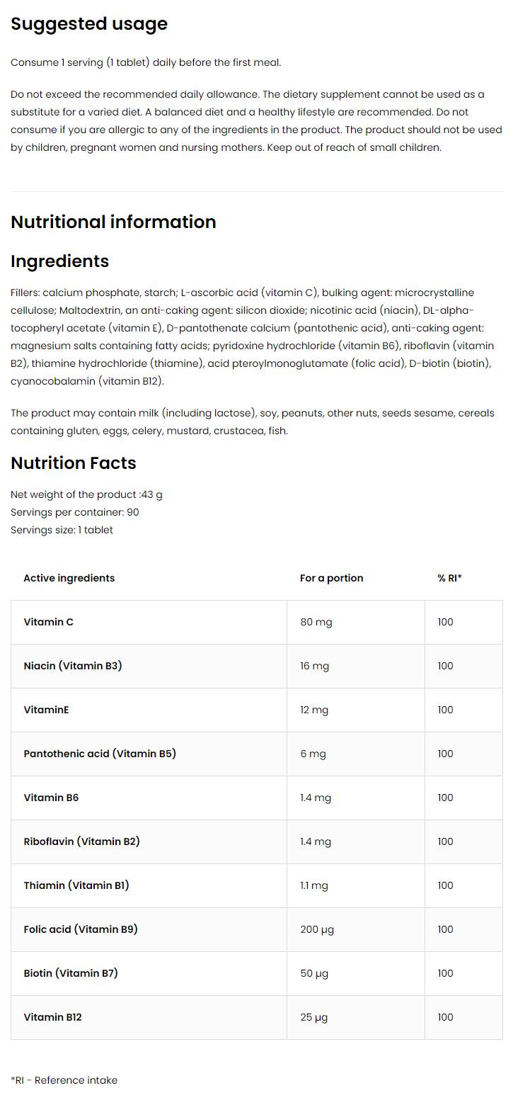 Complexe de vitamine B + C & E - 30 comprimés