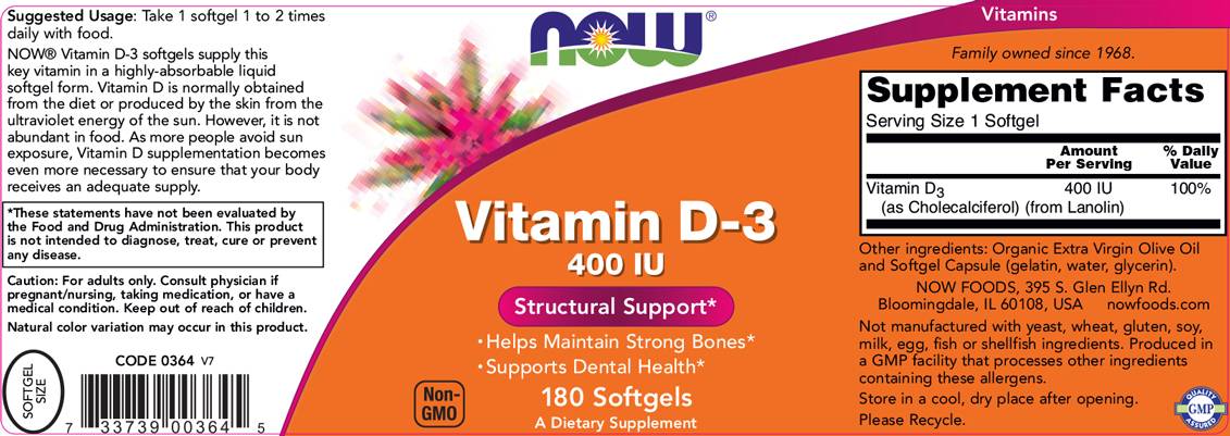 Vitamine D-3 400 UI - 180 capsules de gel