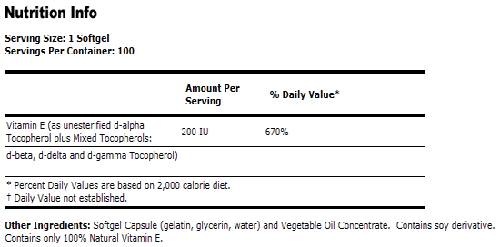 Vitamine E-200 IU D-alpha Tocophérols - 100 capsules de gel