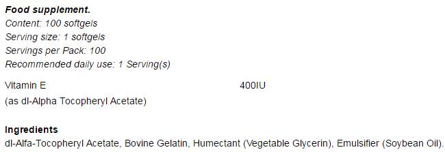 Vitamine E Formule 400 UI - 100 capsules de gel