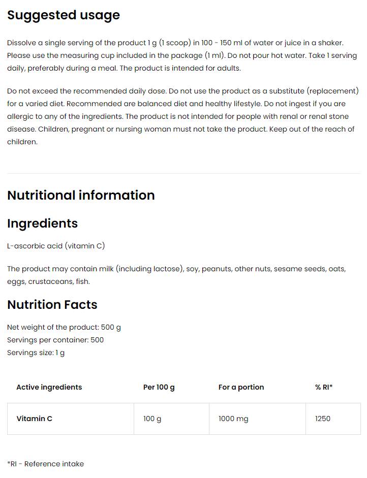 100% de poudre de vitamine C - 500 grammes