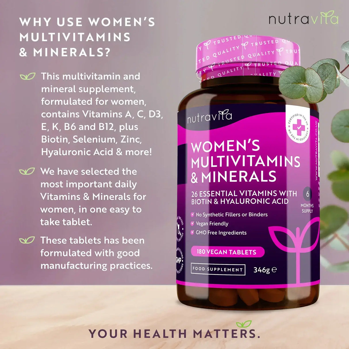 Multivitamines des femmes à biotine et à l'acide hyaluronique 180 comprimés végétaliens