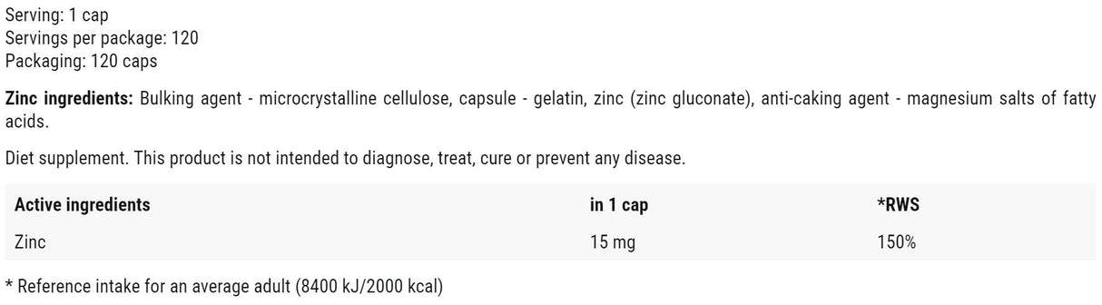 Zinc 15 mg | comme gluconate de zinc - 120 capsules