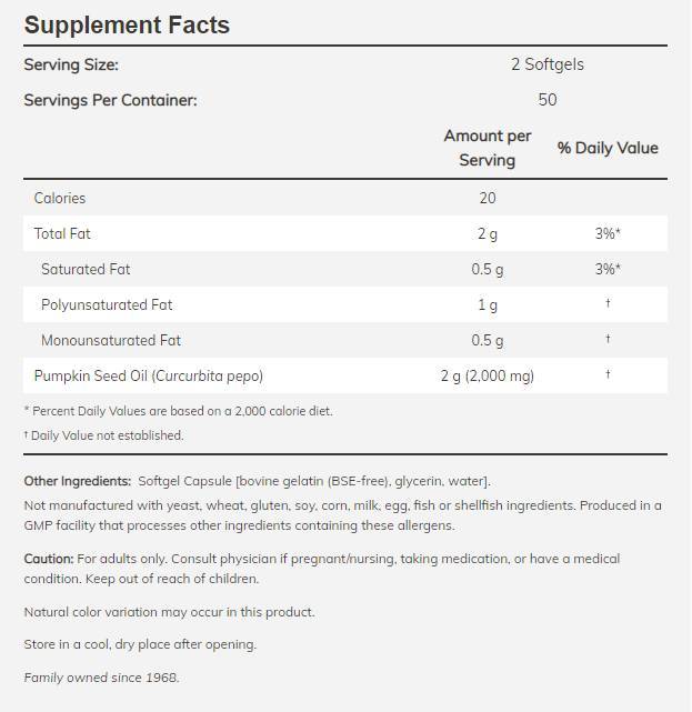 Huile de graines de citrouille 1000 mg - 200 capsules de gel