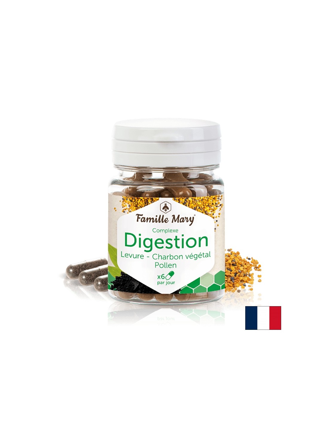 Pollen de digestion, Levure, complexe de charbon pour une bonne digestion avec la levure du brasseur, le carbone et le pollen activés, 60 capsules Famille Mary