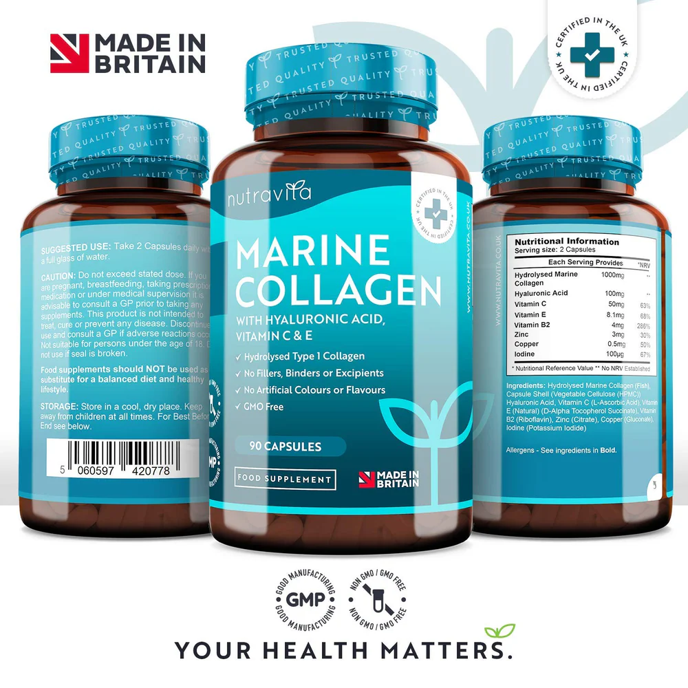Collagène marin hydrolysé avec de l'acide hyaluronique - 1000 mg