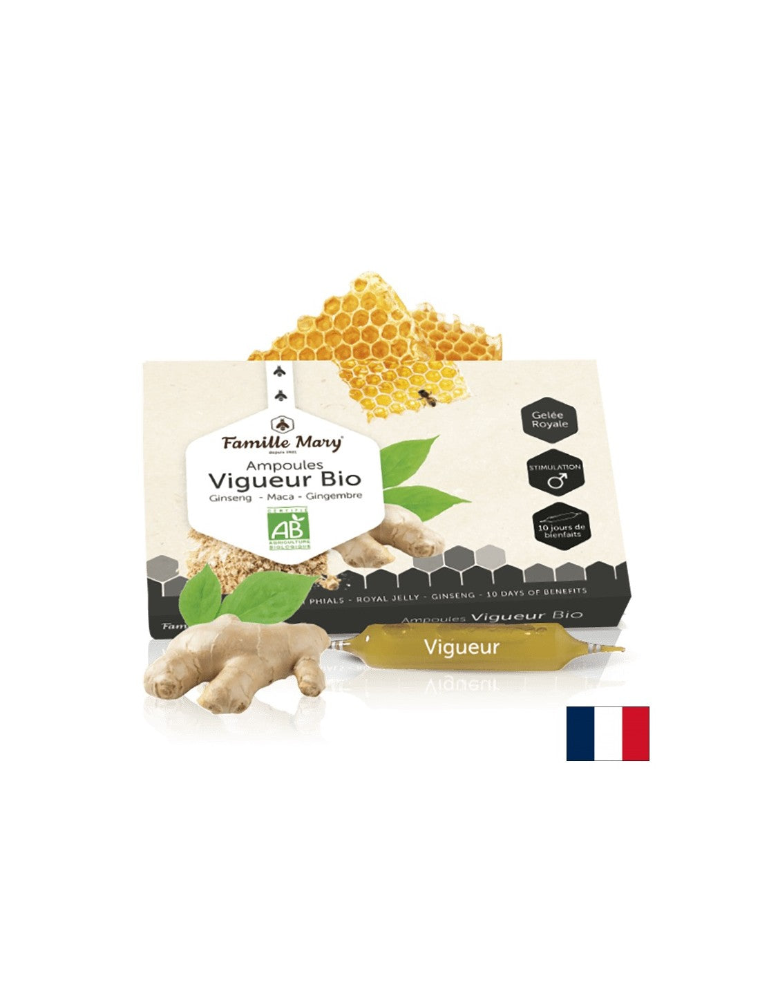 Ampoules vigueur bio ginseng, maca, gingembre + gelée royale/formula for vitality and mâle puissance, 10 ampoules famille mary