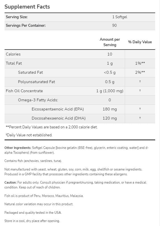 Omega-3 Entérique enrobé - 180 softgels