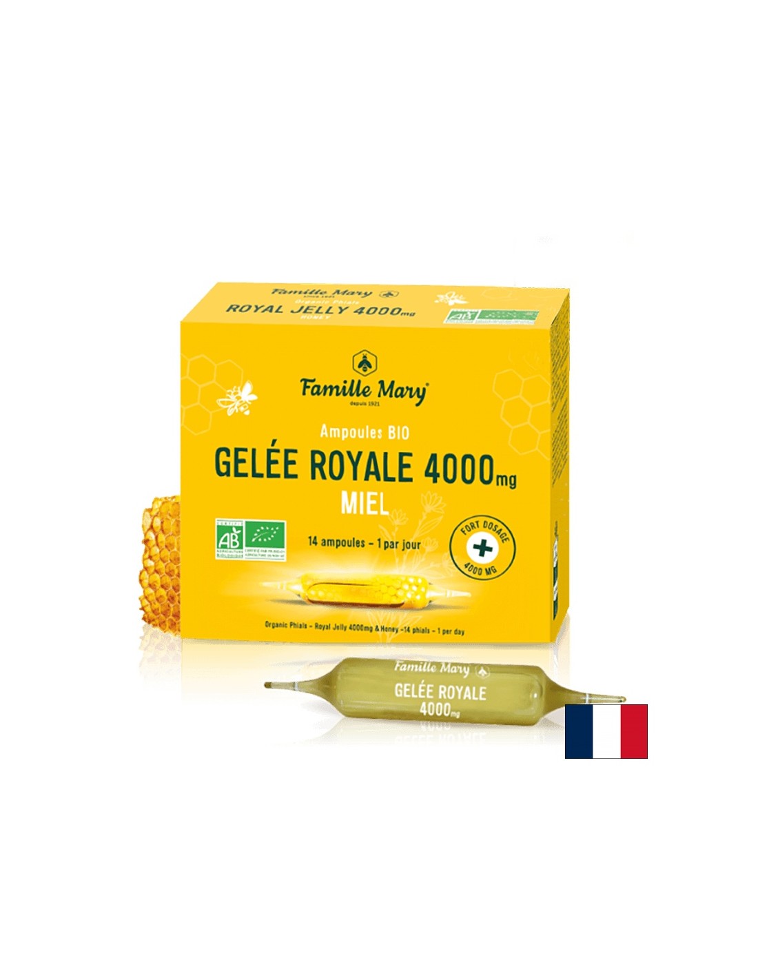 Immunité et énergie - Jelly Royal 4000 mg + miel de fleur d'abeille, 14 ampoules de consommation x 15 ml bio
