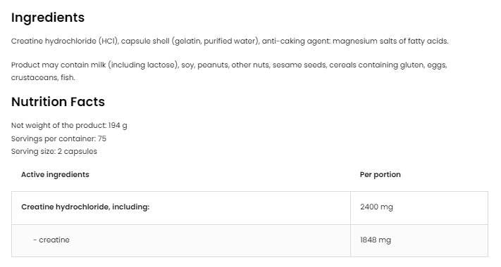 Crétine HCL 2400/Créatine Hydrochlorure - 150 capsules